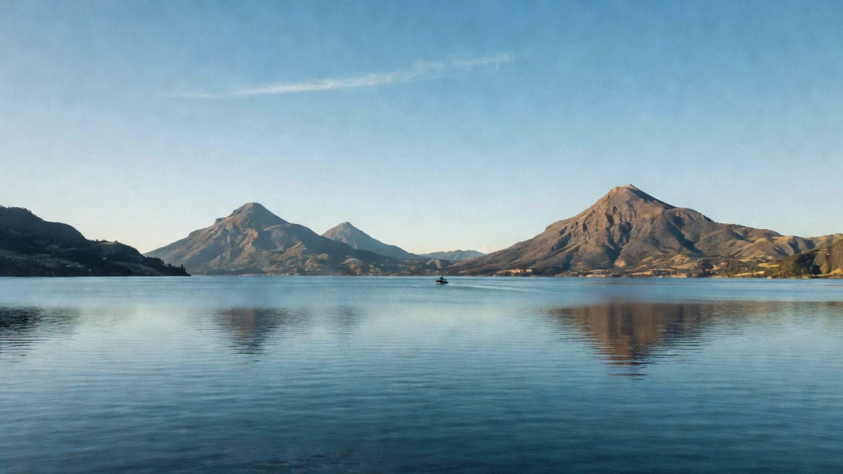 Calm morning water at Lake Atitlán with volcanoes in the background, a typical swim and boat tour setting