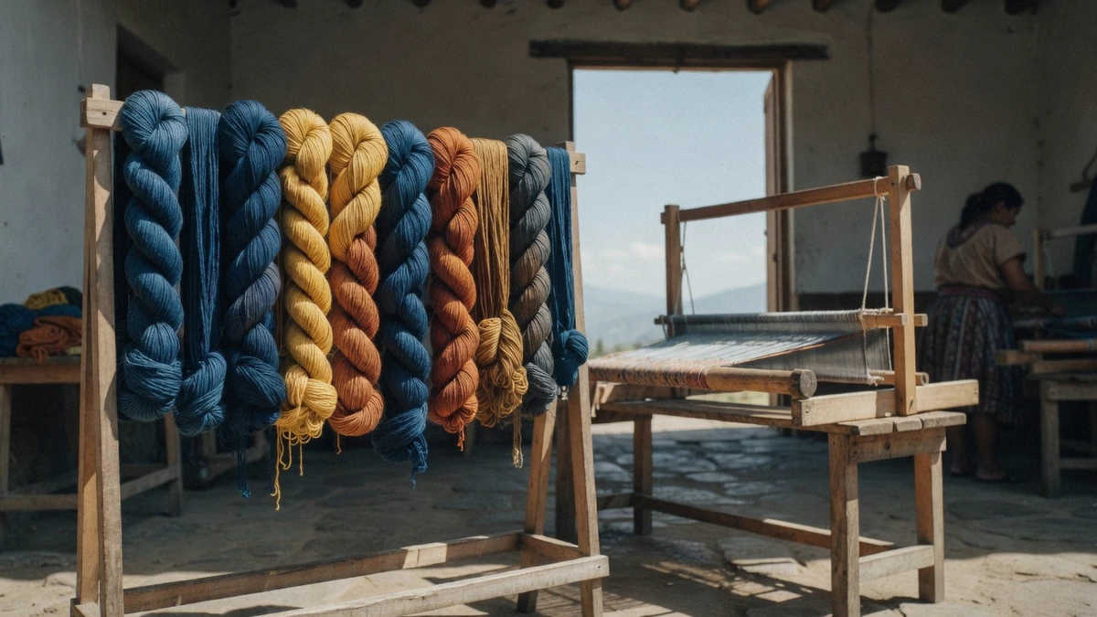 A weaver working with natural dyed threads in a textile cooperative on a Lake Atitlan boat tour village visit