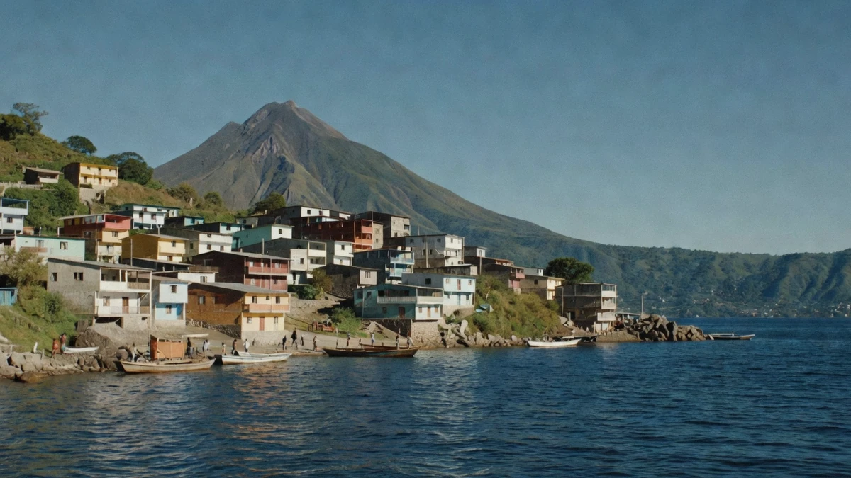 A lakeside village with traditional buildings along the shore of Lake Atitlan on a Lake Atitlan boat tour in Guatemala